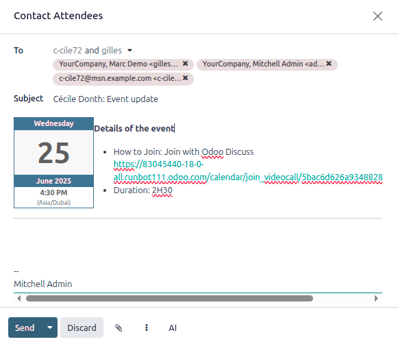 Enter the information to send the event via email.
