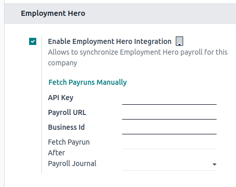 Enabling Employment Hero Integration in Cobuild Accounting displays new fields in the settings