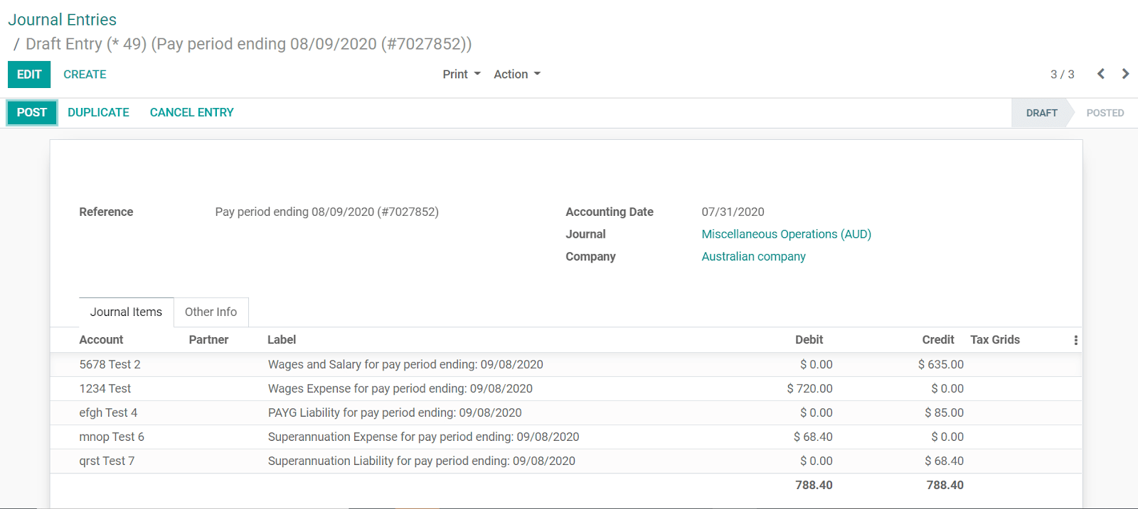 Example of a Employment Hero Journal Entry in Cobuild Accounting (Australia)