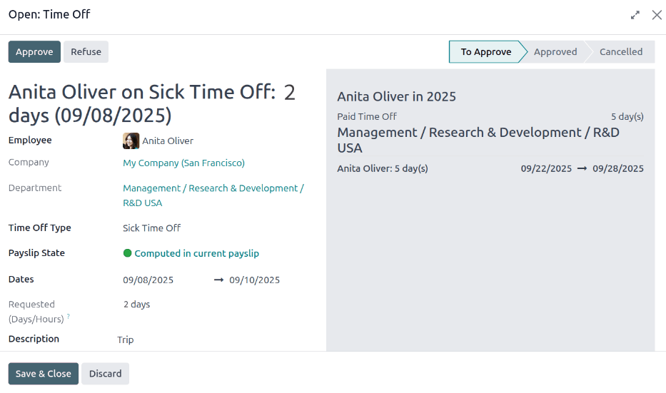 The detailed time off request information.