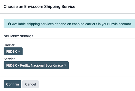 Envia.com carrier and services popup.