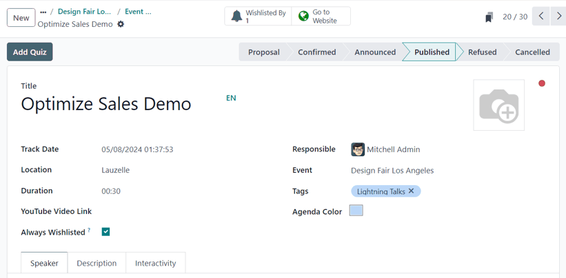 Typical event track form in the Cobuild Events application.
