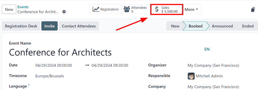 View of an event's form and the sales smart button in Cobuild Events.