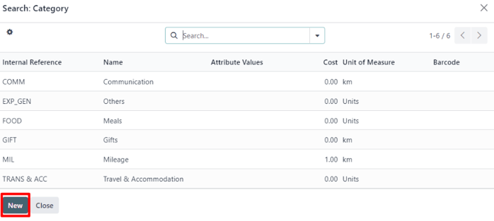 The Search:Category expenses pop-up window from a blank expenses form in Cobuild Expenses.