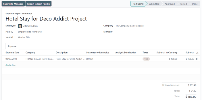 An expense report summary in the Cobuild Expenses application.
