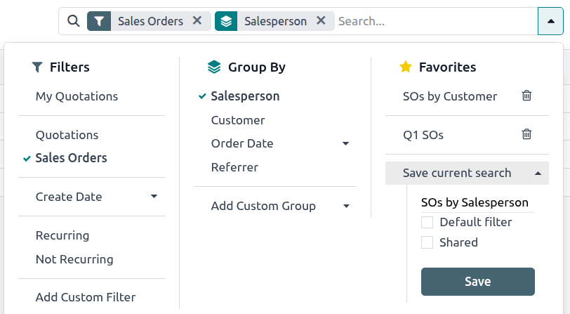 Saving a favorite search on the Sales Analysis report.