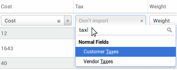 Drop-down menu expanded in the initial import screen on Cobuild.