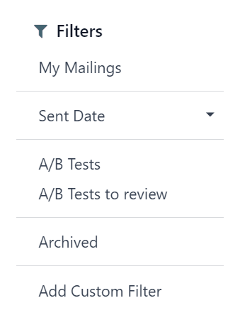 View of filters drop-down menu options on the Cobuild Email Marketing dashboard.