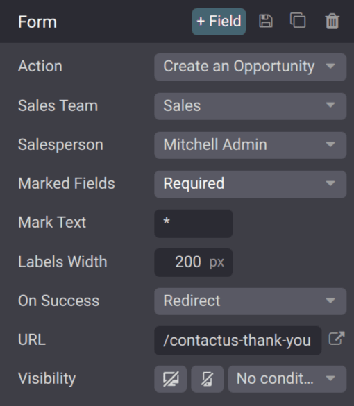 The form configuration settings on a Cobuild website.