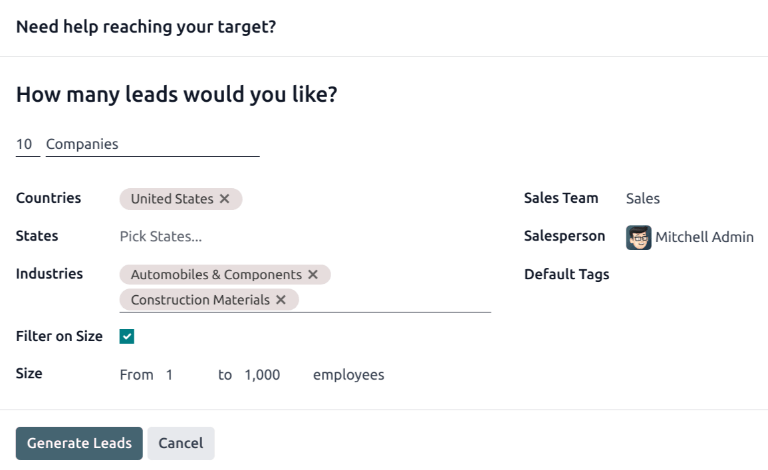 The pop-up window with the selection criteria in order to generate leads in Cobuild.