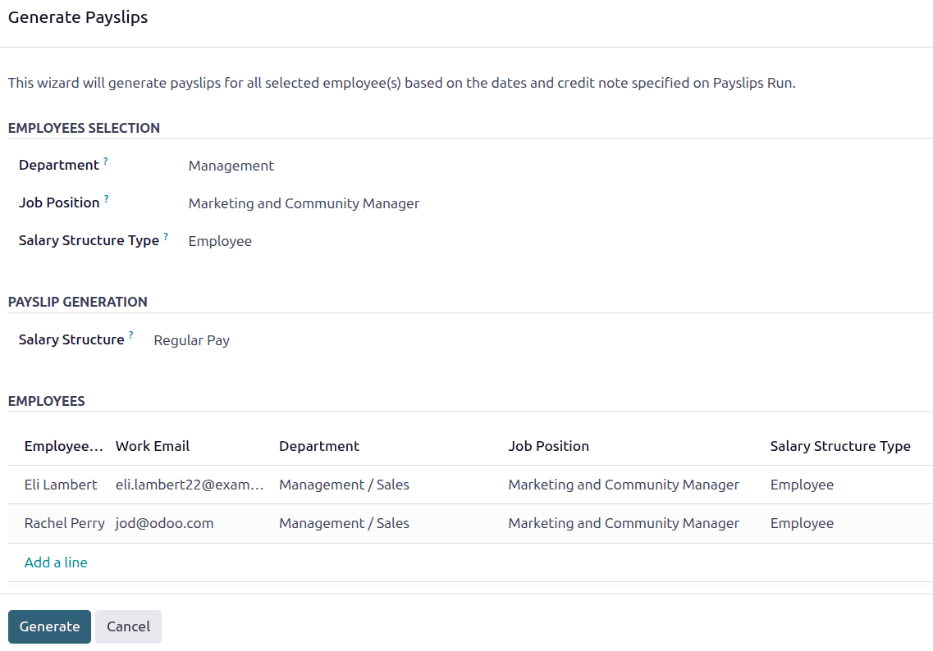 Payslips being generated for marketing and community managers.
