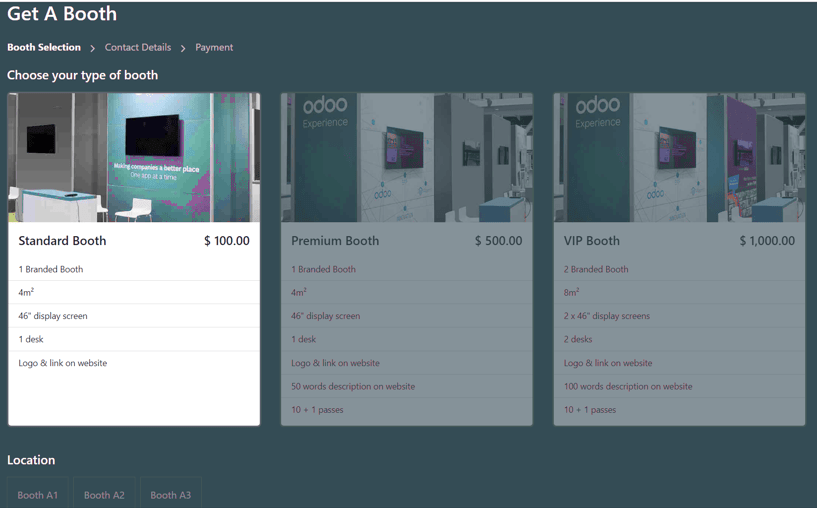 Typical Get A Booth page on the event website via the Cobuild Events app.