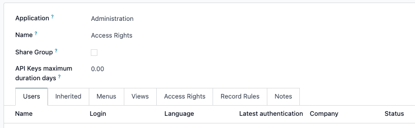 Tabs in the Groups form to modify the settings of the group.