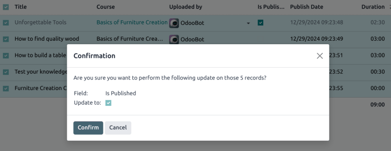 View of a course contents being published in Cobuild Helpdesk back-end.