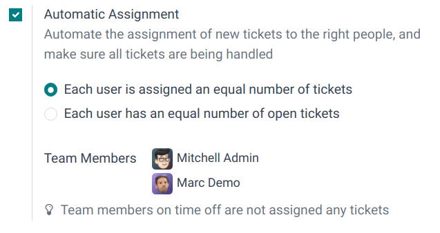 View of a Helpdesk team settings page emphasizing the automatic assignment features in Cobuild Helpdesk.