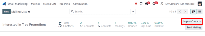 The import contacts button of a mailing list line in Cobuild Email Marketing.