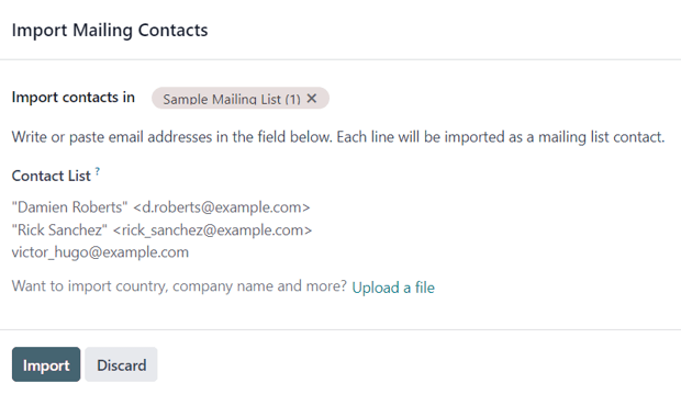 The import mailing contacts pop-up form that appears in Cobuild Email Marketing.