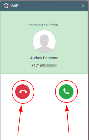 Incoming call shown in the Cobuild VoIP widget.