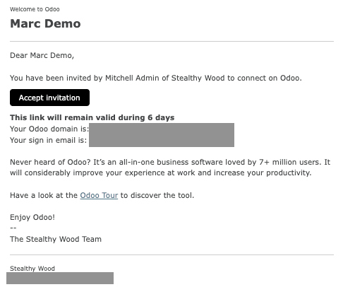 View of a user's form with a notification that the invitation email has been sent in Cobuild.