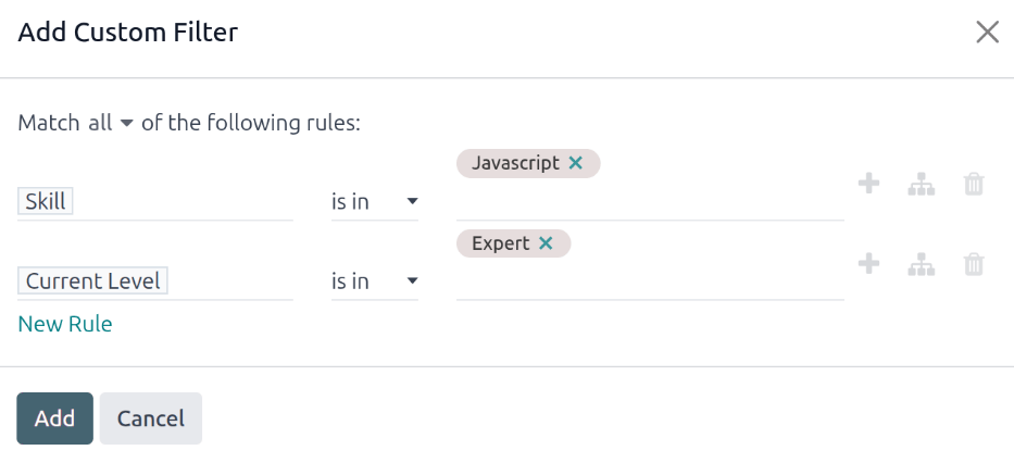 The Custom Filter pop-up with the parameters set.