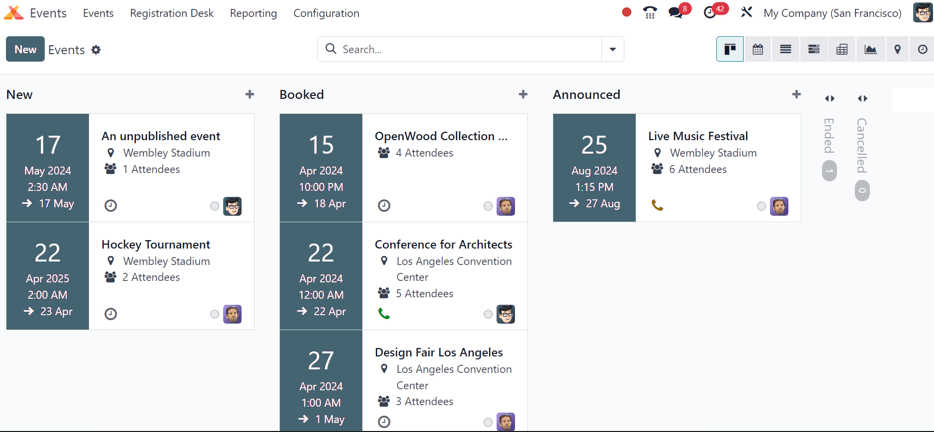 Overview of events setting with the kanban view in Cobuild Events.