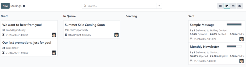 Kanban view of the main dashboard of the Cobuild Email Marketing application.