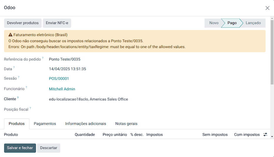Point of sale order view form.
