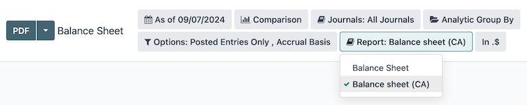 Balance sheet report selection for CA localization in Cobuild.