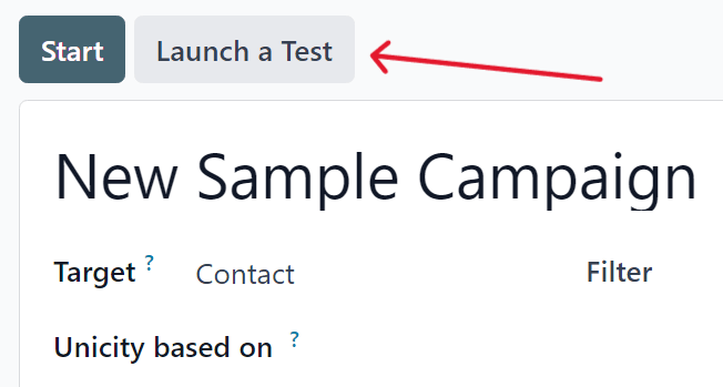 Launch a test button on a campaign detail form in Cobuild Marketing Automation.