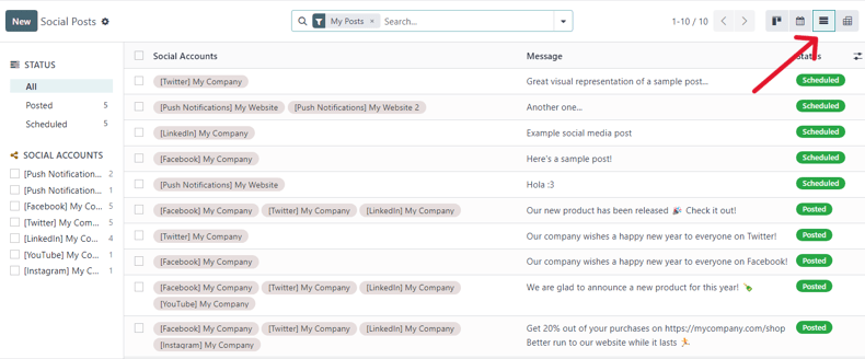 View of the list option on the posts page in Cobuild Social Marketing.
