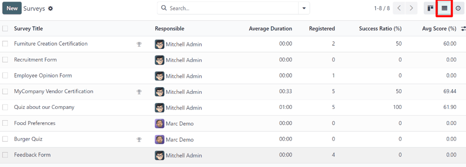The list view option located on the Cobuild Surveys application dashboard.
