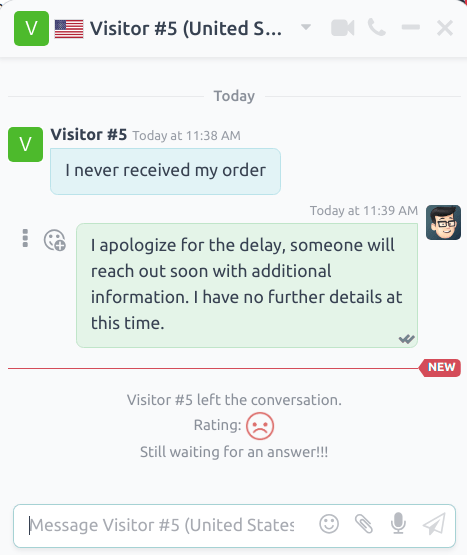View of a chat window from an operator's window highlighting a rating for Cobuild Live Chat.