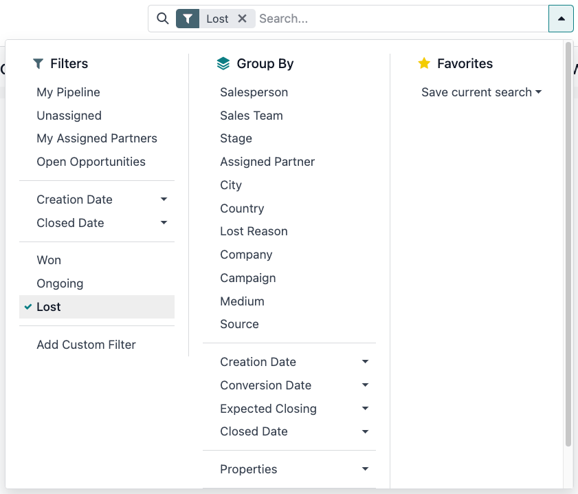 Search bar with lost filter emphasized.