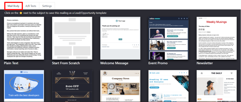 View of the templates in the Mail Body tab in Cobuild Email Marketing application.