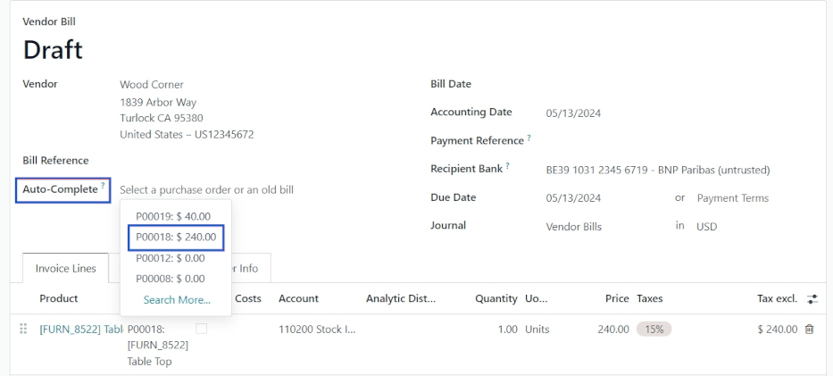 Auto-complete drop-down list on draft vendor bill.