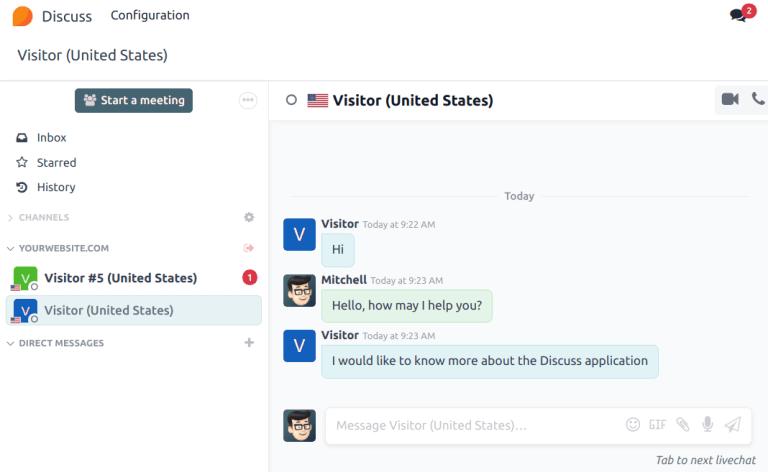 View of the discuss application with a message sent through live chat in Cobuild.