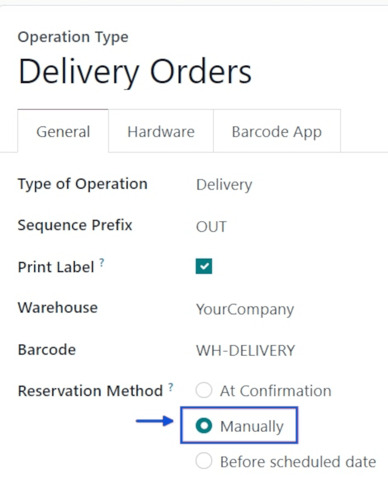 Reservation method field on delivery order operation type form.