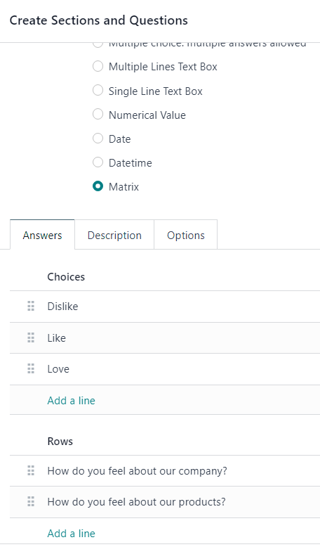 The answer tab with a matrix question type selected in Cobuild Surveys.