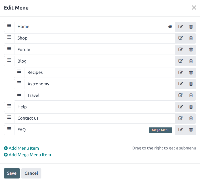 Menu editor with sub-menus