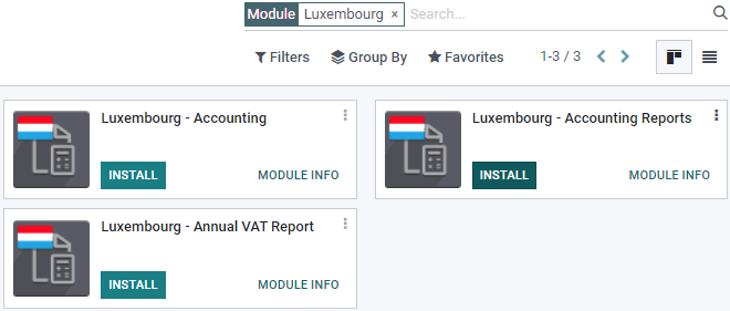 The three modules for the Luxembourgish Fiscal Localization Package on Cobuild