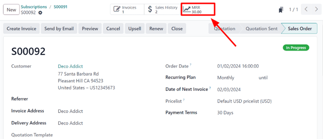 MRR smart button in the Cobuild Subscriptions application.