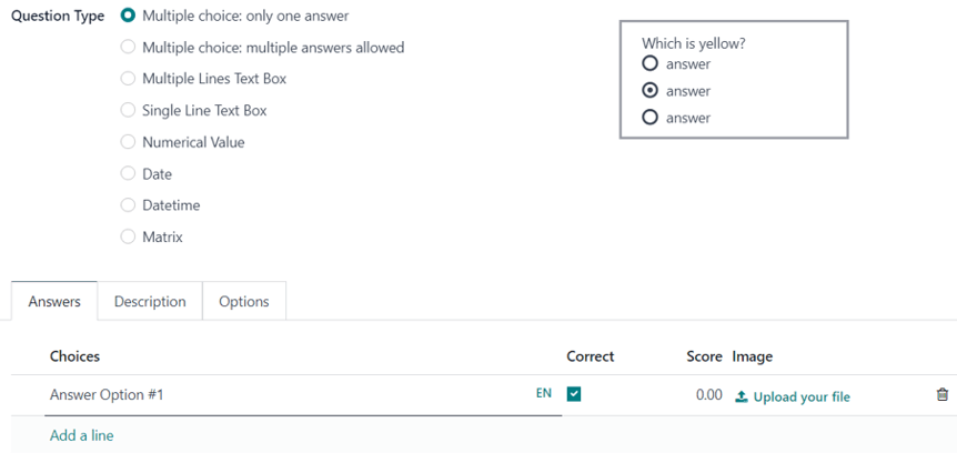 The answer tab with a multiple choice answer option selected in Cobuild Surveys.