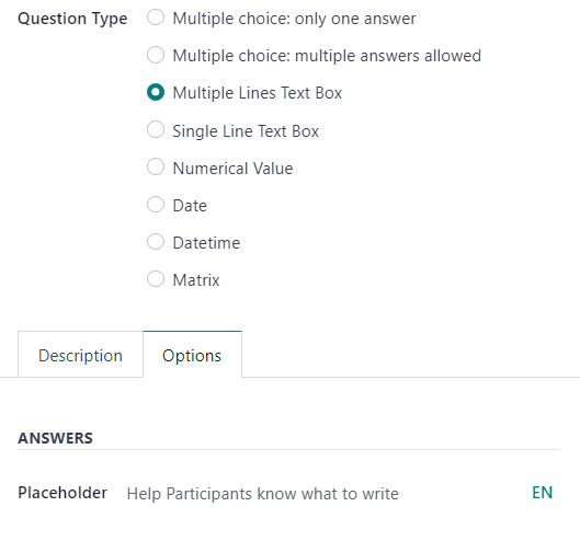 The placeholder field when a multiple lines text box option is chosen in Cobuild Surveys.