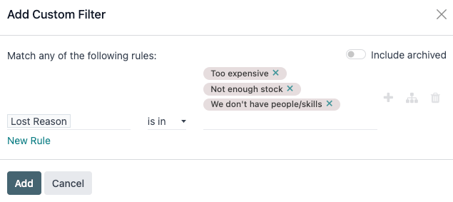Add Custom Filter pop-up with multiple lost reasons selected.