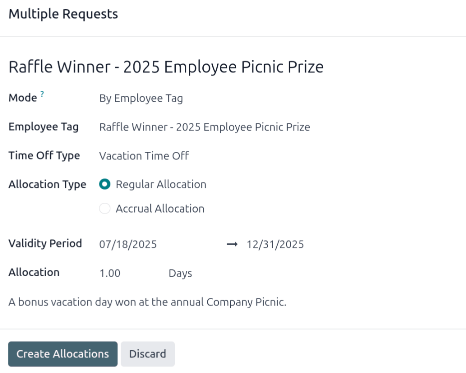 An allocation request form filled out for a bonus vacation day for raffle winners.