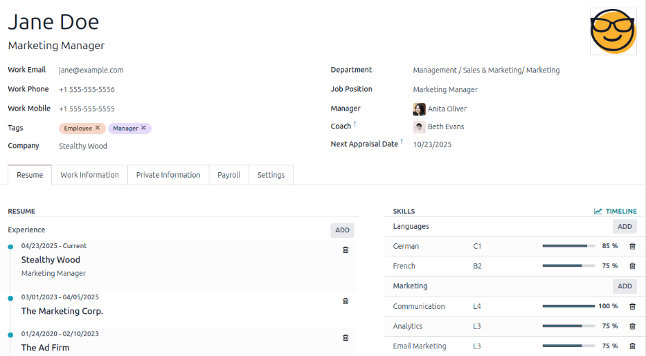 Create a new employee form with all fields filled out.