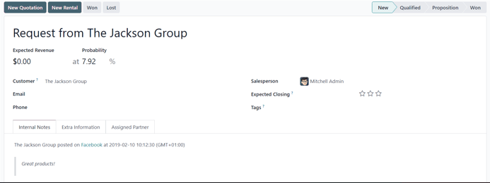 New lead detail form generated from a social media comment in Cobuild Social Marketing.