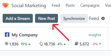 New Post button on the main dashboard of the Cobuild Social Marketing application.