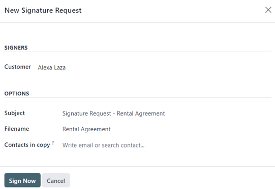 The New Signature Request pop-up window that appears in the Cobuild Rental application.