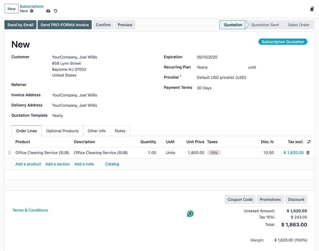 A completed example of a new subscription quotation in Cobuild.